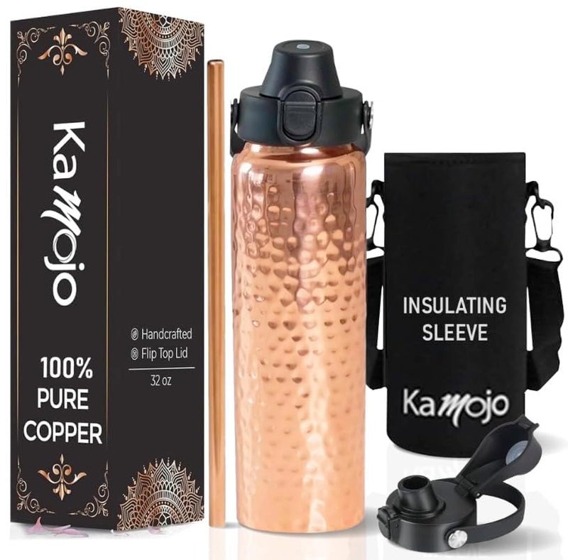 Kamojo Copper Water Bottle for Drinking - Hammered 100% Pure Copper Tumbler with Push Button Lid, Removable Insulating Sleeve & Straw - Handcrafted 32 fl oz Ayurvedic Cup for Water - Image 1